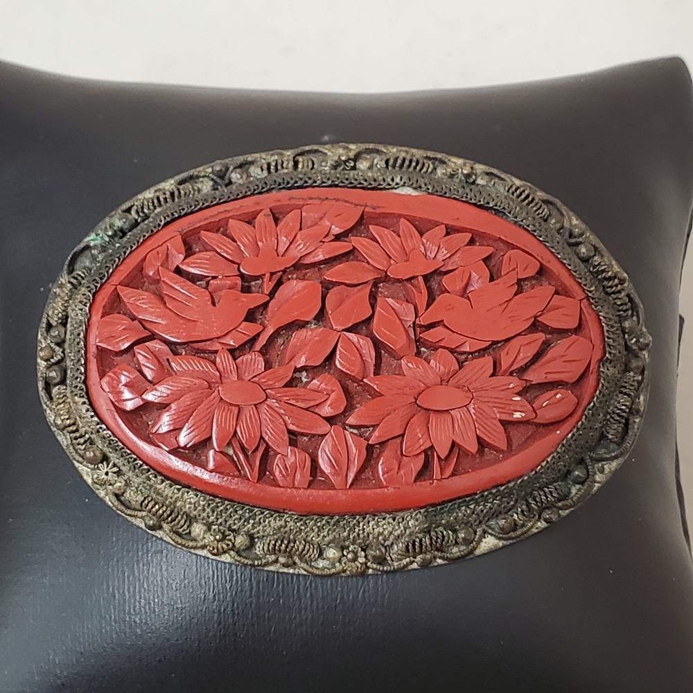 Vintage‎ Chinese Carved Cinnabar Brooch Birds And Flowers Setting Filagree